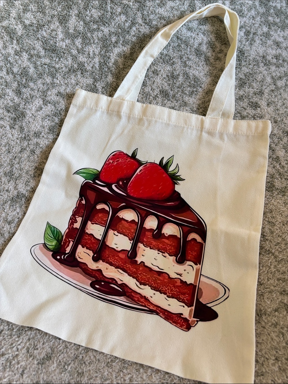 Chocolate Cream Strawberry Cake Cotton Canvas Tote Bag NWT 13.5x15”